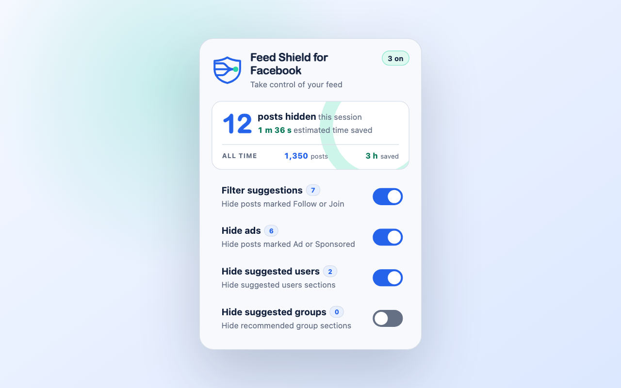 Feed Shield popup showing four filter controls and local counters