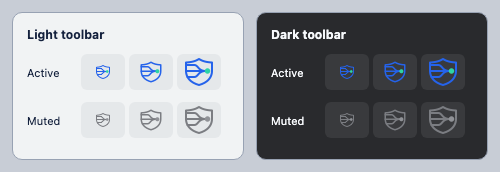 Feed Shield active and muted toolbar icon states in light and dark browser themes