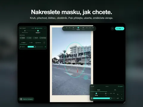 Nakreslete masku, jak chcete. Kruh, přechod, štětec, obdélník. Pak přidejte, uberte, změkčete okraje.