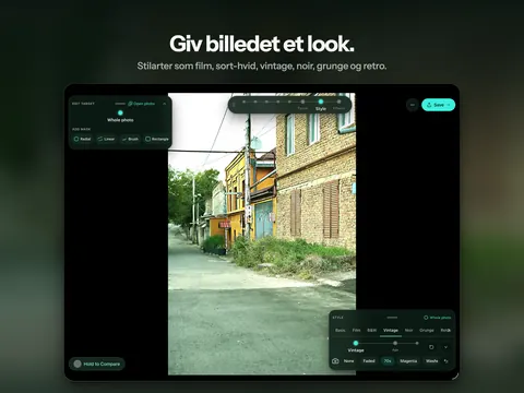 Giv billedet et look. Stilarter som film, sort-hvid, vintage, noir, grunge og retro.