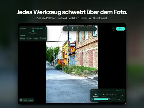 Jedes Werkzeug schwebt über dem Foto. Zieh die Paletten, wohin du willst, im Hoch- und Querformat.