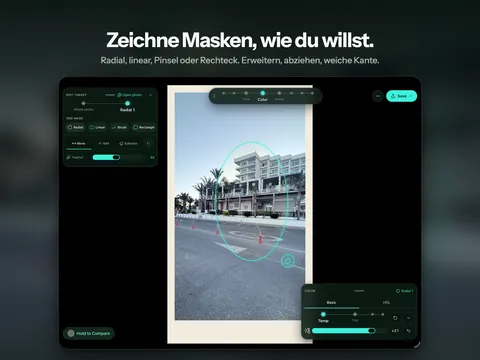 Zeichne Masken, wie du willst. Radial, linear, Pinsel oder Rechteck. Erweitern, abziehen, weiche Kante.