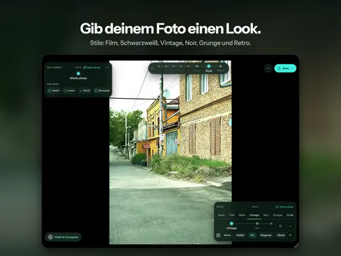 Gib deinem Foto einen Look. Stile: Film, Schwarzweiß, Vintage, Noir, Grunge und Retro.