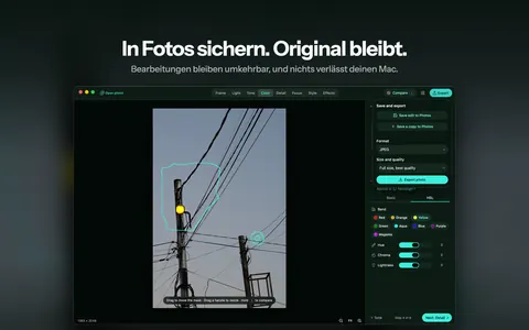 In Fotos sichern. Original bleibt. Bearbeitungen bleiben umkehrbar, und nichts verlässt deinen Mac.
