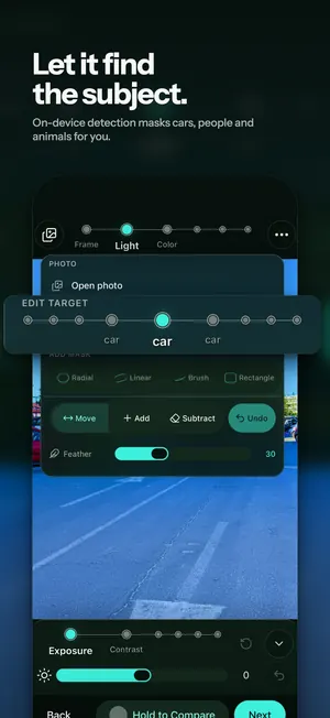 Let it find the subject. On-device detection masks cars, people and animals for you.