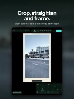 Crop, straighten and frame. Eight borders, from a thin line to a film edge.
