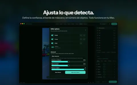 Ajusta lo que detecta. Define la confianza, el borde de máscara y el número de objetos. Todo funciona en tu Mac.