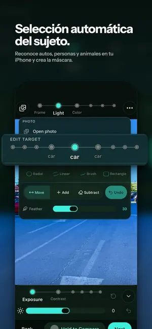 Selección automática del sujeto. Reconoce autos, personas y animales en tu iPhone y crea la máscara.