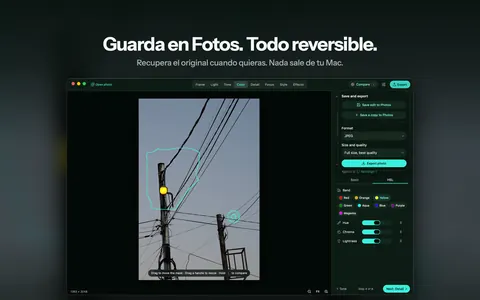 Guarda en Fotos. Todo reversible. Recupera el original cuando quieras. Nada sale de tu Mac.
