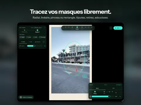 Tracez vos masques librement. Radial, linéaire, pinceau ou rectangle. Ajoutez, retirez, adoucissez.