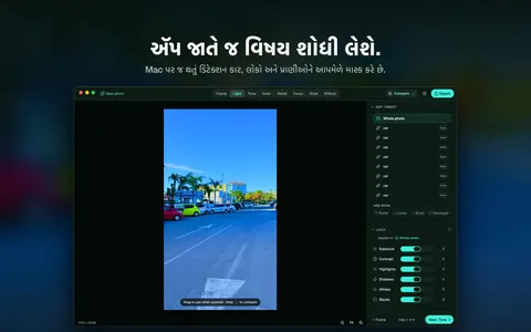 ઍપ જાતે જ વિષય શોધી લેશે. Mac પર જ થતું ડિટેક્શન કાર, લોકો અને પ્રાણીઓને આપમેળે માસ્ક કરે છે.