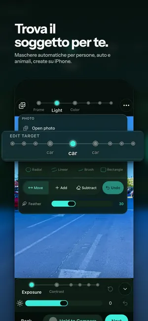 Trova il soggetto per te. Maschere automatiche per persone, auto e animali, create su iPhone.