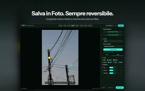 Salva in Foto. Sempre reversibile. L'originale resta intatto e niente esce dal tuo Mac.
