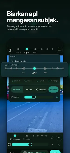 Biarkan apl mengesan subjek. Topeng automatik untuk orang, kereta dan haiwan, dikesan pada peranti.