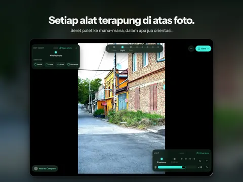 Setiap alat terapung di atas foto. Seret palet ke mana-mana, dalam apa jua orientasi.