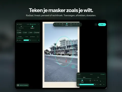 Teken je masker zoals je wilt. Radiaal, lineair, penseel of rechthoek. Toevoegen, aftrekken, doezelen.