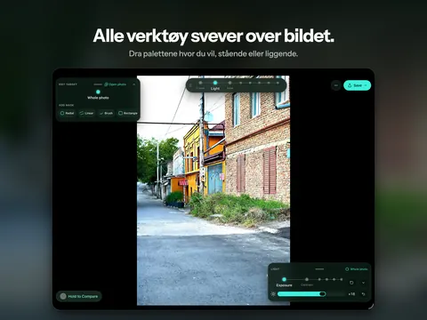 Alle verktøy svever over bildet. Dra palettene hvor du vil, stående eller liggende.