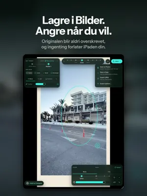 Lagre i Bilder. Angre når du vil. Originalen blir aldri overskrevet, og ingenting forlater iPaden din.