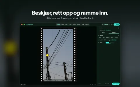 Beskjær, rett opp og ramme inn. Åtte rammer, fra en tynn strek til en filmkant.