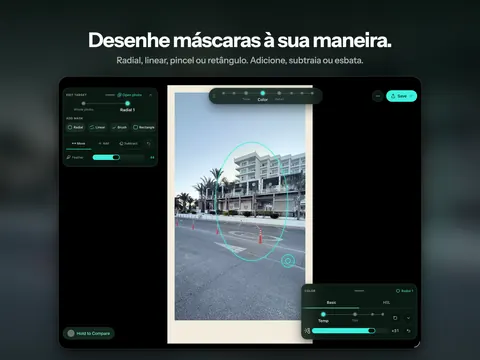 Desenhe máscaras à sua maneira. Radial, linear, pincel ou retângulo. Adicione, subtraia ou esbata.