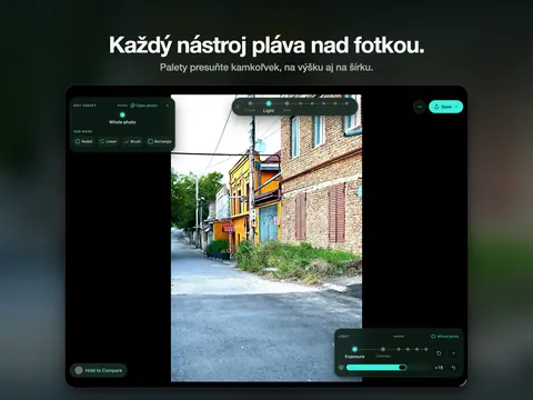 Každý nástroj pláva nad fotkou. Palety presuňte kamkoľvek, na výšku aj na šírku.