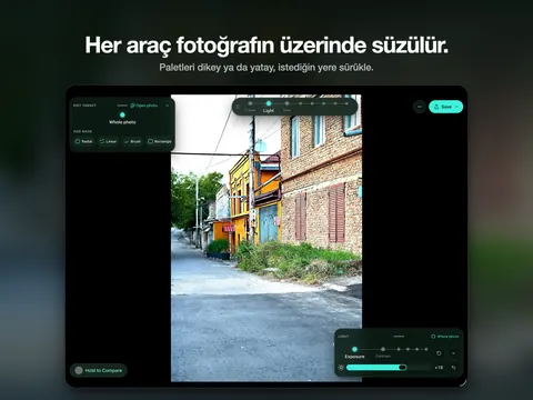 Her araç fotoğrafın üzerinde süzülür. Paletleri dikey ya da yatay, istediğin yere sürükle.