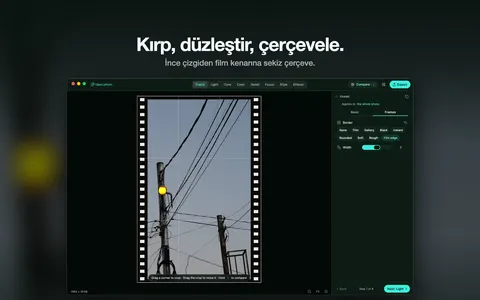 Kırp, düzleştir, çerçevele. İnce çizgiden film kenarına sekiz çerçeve.